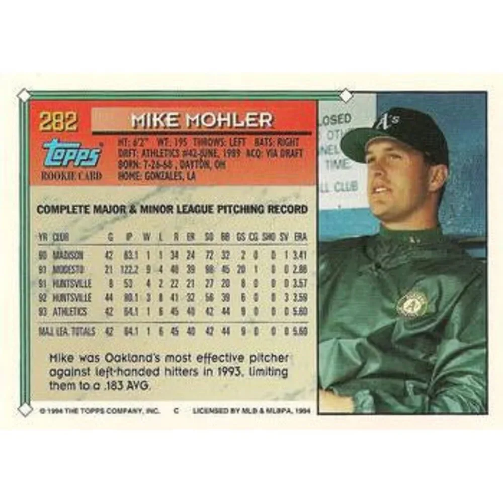 1994 Topps Mike Mohler RC # 282 Oakland Athletics